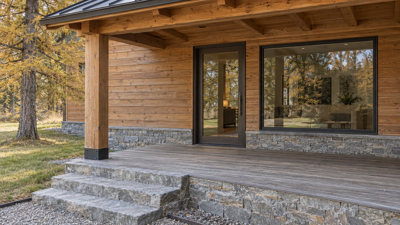 Covered timber entry with weathered cedar decking, gray stone steps and amber larch beside an open lawn.