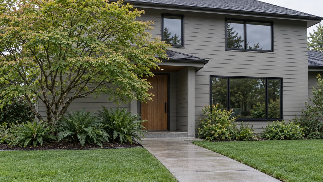 Two-story gray-sided home with a cedar entry door, broad windows, and a gently rising lawn path.