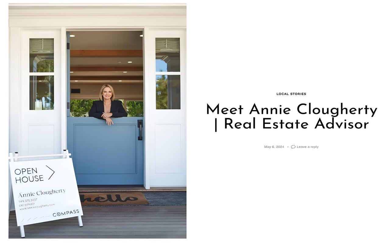  A professional headshot of a smiling blonde woman leaning on a light blue Dutch door, with an "Open House" sign to her left.