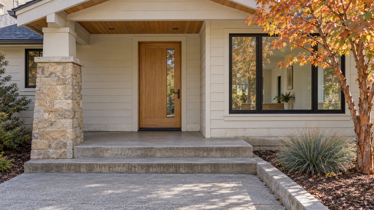 Covered home entry with an oak door, sandstone porch support, black-framed window, and autumn paperbark maple beside concrete steps.