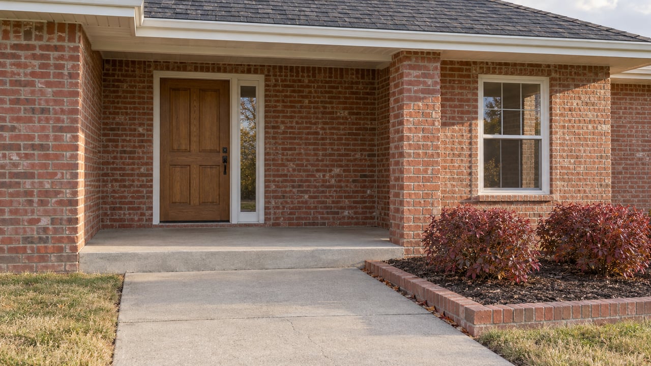 Red-brick home entrance with an oak door, covered concrete porch, autumn shrubs and a sunlit concrete walk.