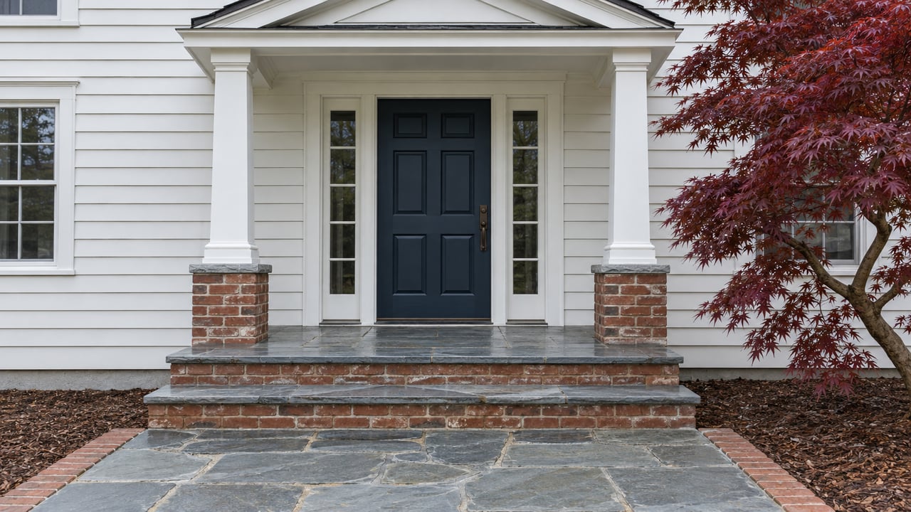 White clapboard home entry with a blue paneled door, paired sidelights, white portico columns and broad stone steps beside a burgundy Japanese maple.