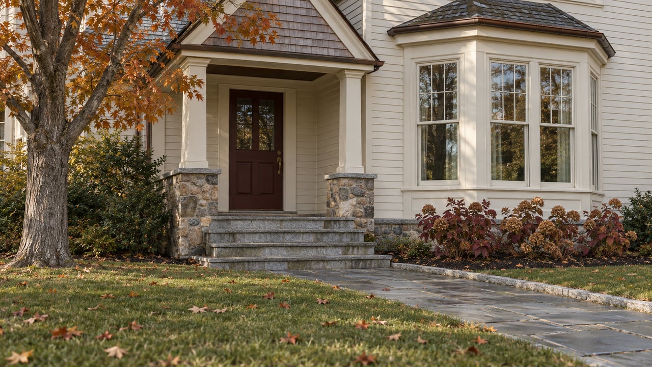 Cream clapboard house with a cedar-shingled entry gable, stone steps, tall bay windows and burgundy oakleaf hydrangeas beside an autumn lawn.