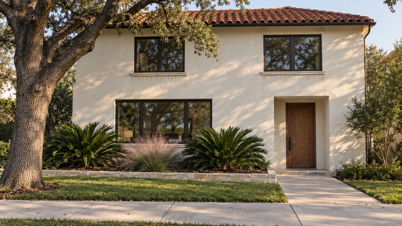 Compact stucco house with terracotta roof, recessed timber door, and oak beside the entry walk.
