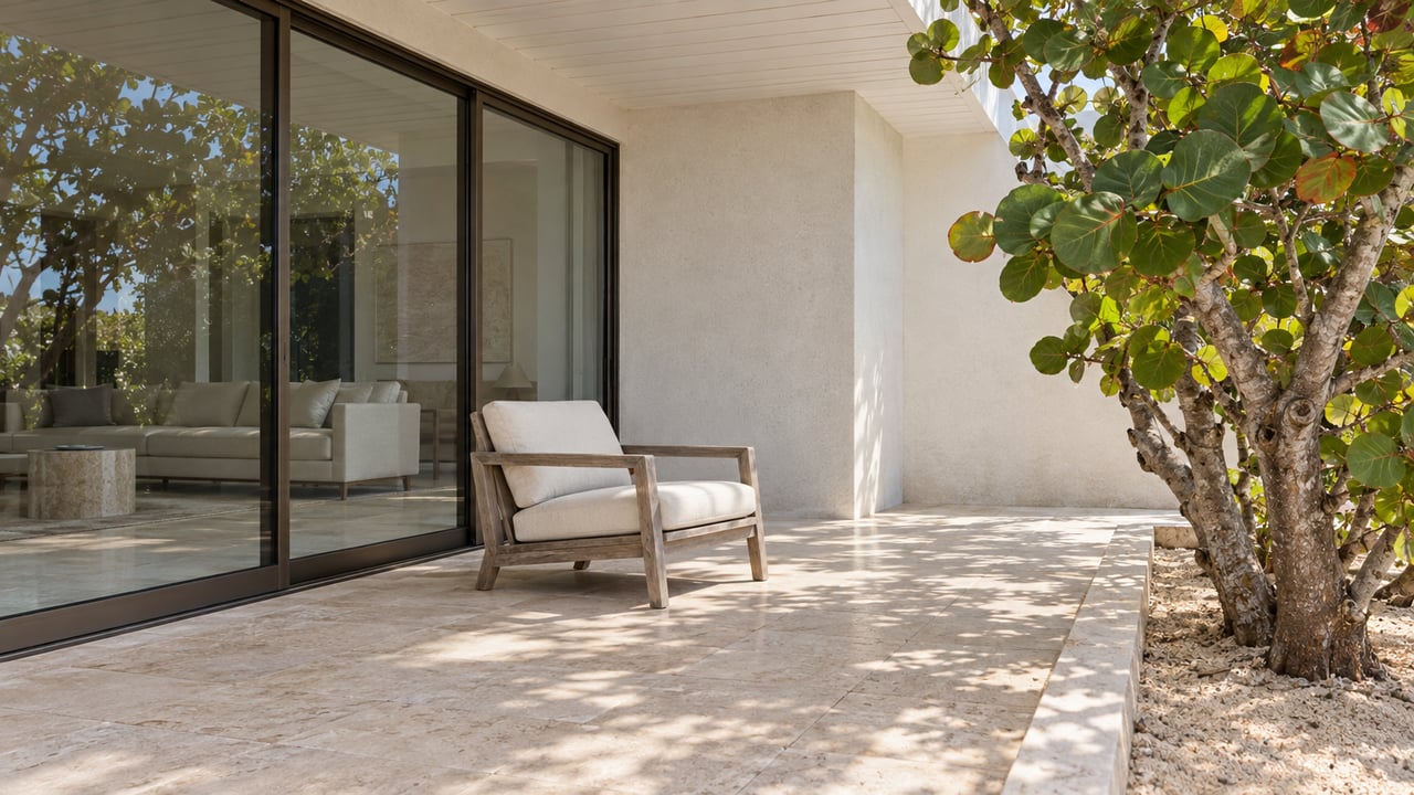 Covered residential terrace with ivory stone paving, bronze-framed glass doors, a teak chair and a sculptural sea grape tree.