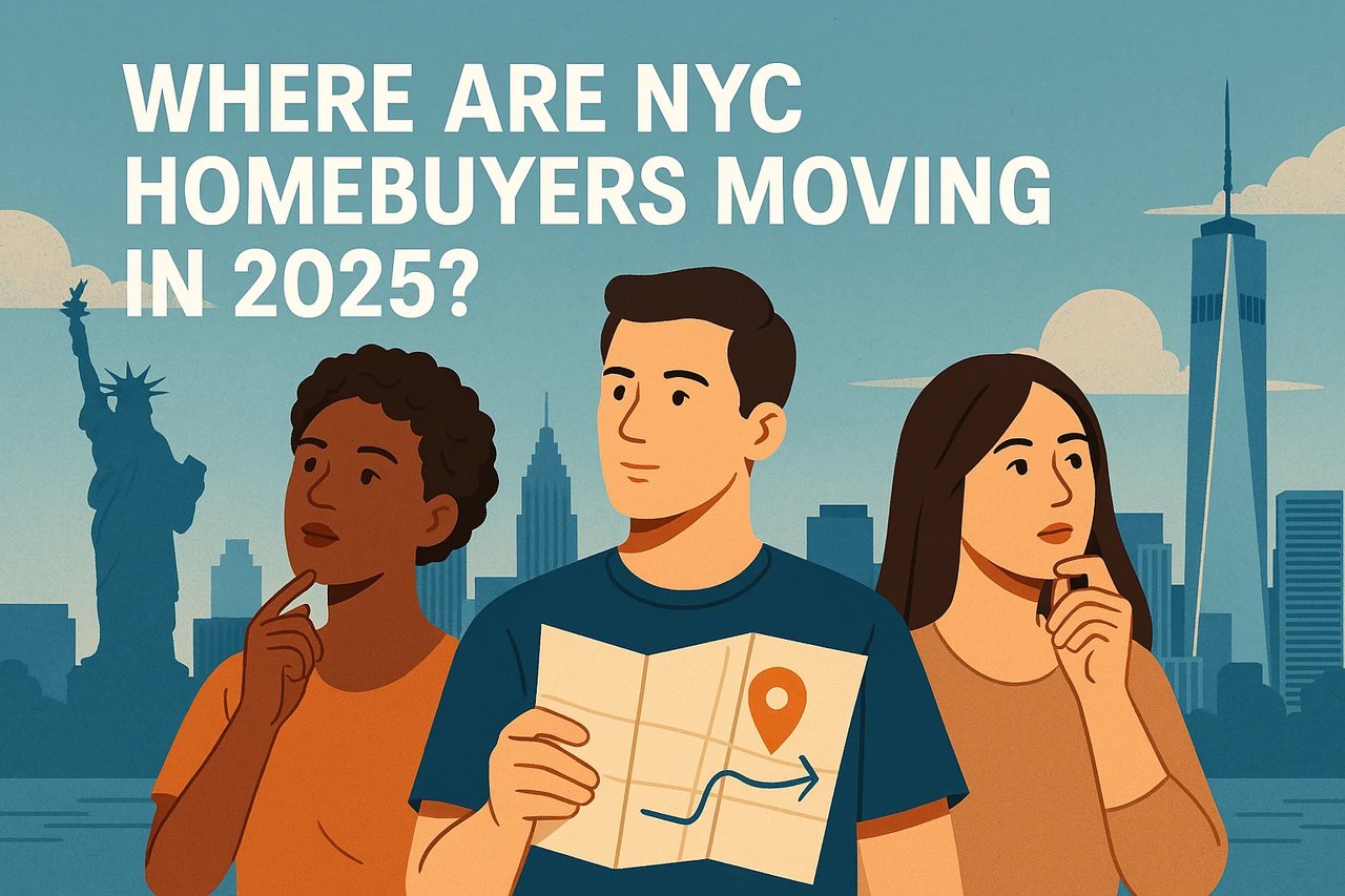 Illustration of diverse NYC homebuyers relocating across boroughs, symbolizing 2025 migration trends and changing housing preferences.