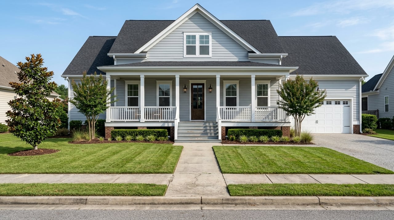 Two-story gable house with cool-neutral siding, white trim, brick porch piers, and a planted front yard.