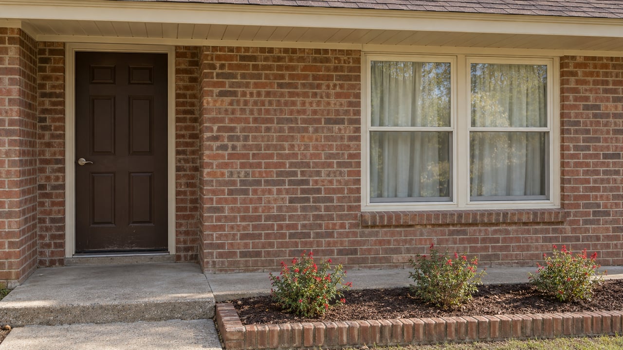 Red-brown brick home with a shaded brown front door, cream-framed paired windows, concrete stoop and three red-flowering sage plants.