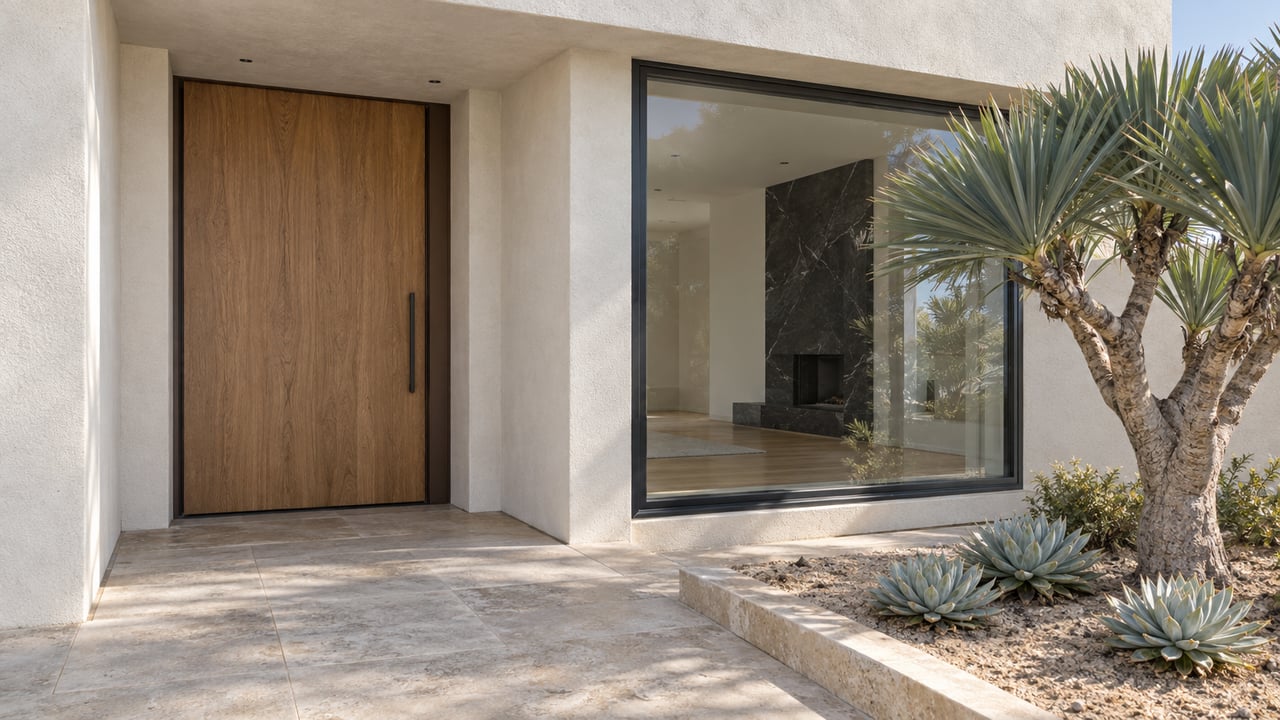 Warm-white modern home with a recessed oak entrance, dark-framed living-room window and sculptural succulents beside a pale stone approach.