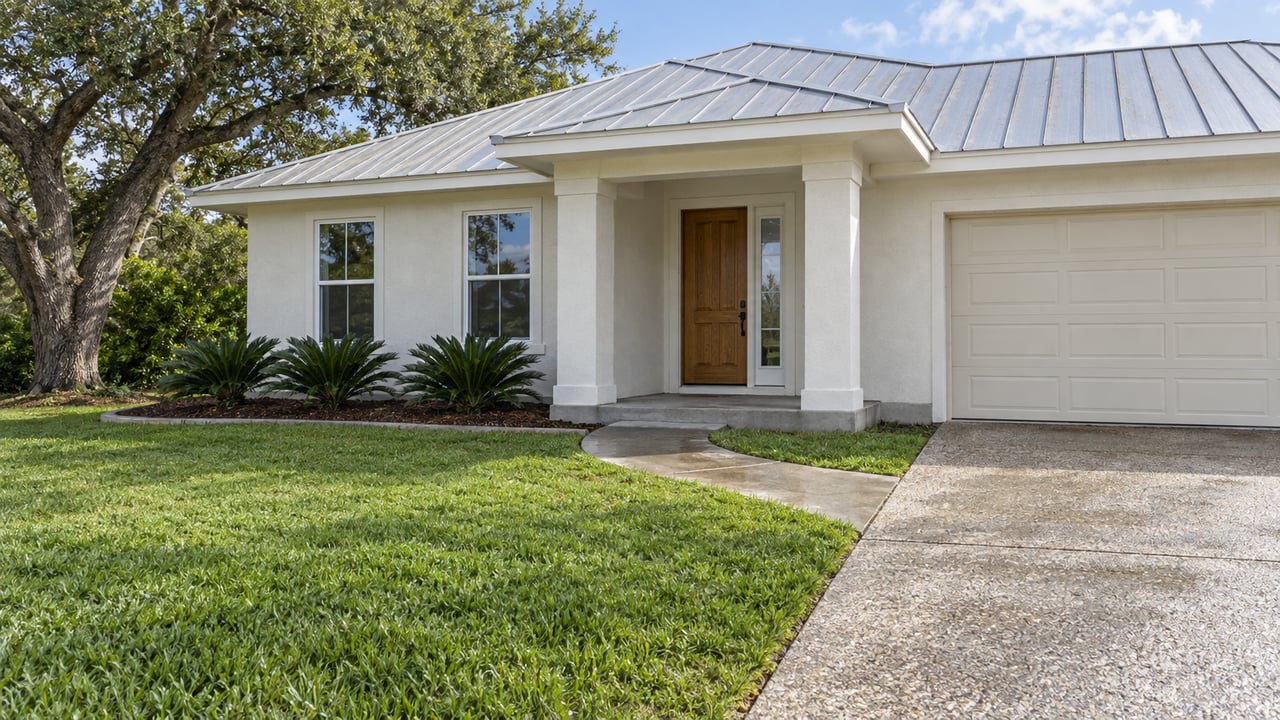 Sunlit white stucco home with a deep green front lawn, covered entrance, pale metal roof and mature spreading oak.