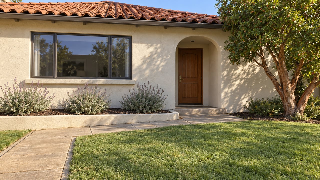 An ivory stucco home with red clay roof tiles, a recessed wood entry, and a small lawn in clear morning light.