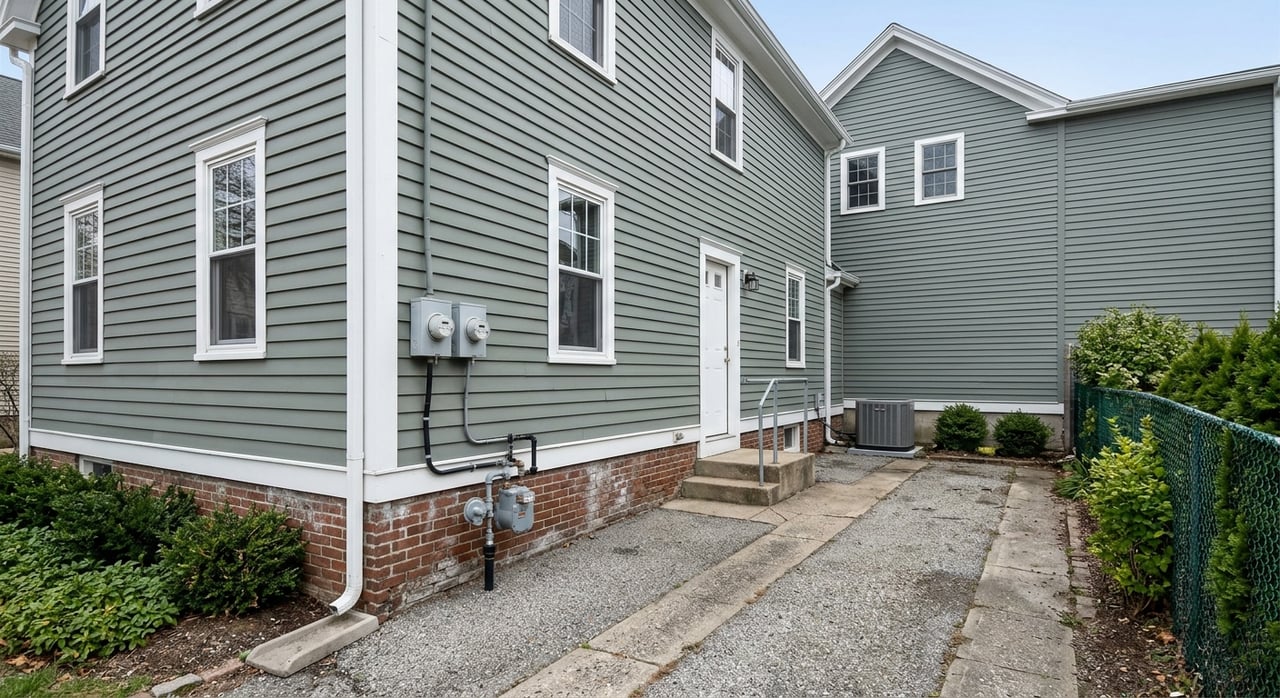 Gray-green house side with a white entry door, utility meters, HVAC unit, concrete driveway, and low shrubs.