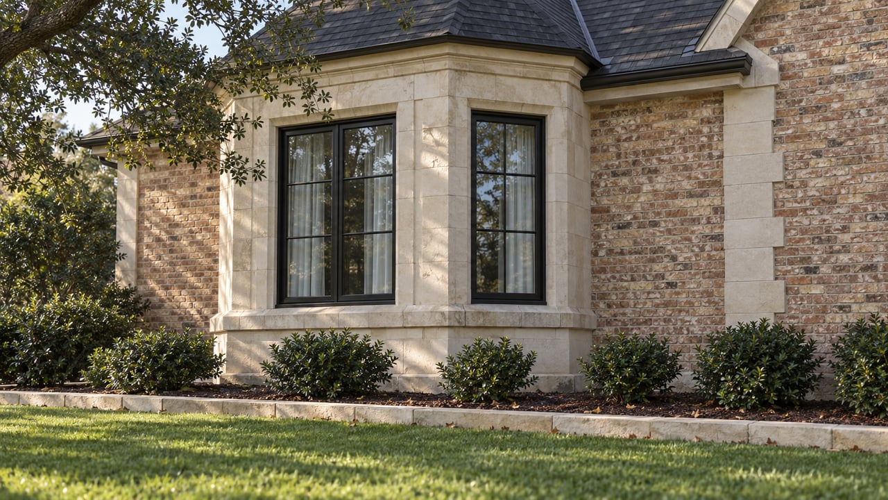 Brick house bay with two black-framed windows, limestone trim, clipped shrubs, and a lawn beneath an oak branch.