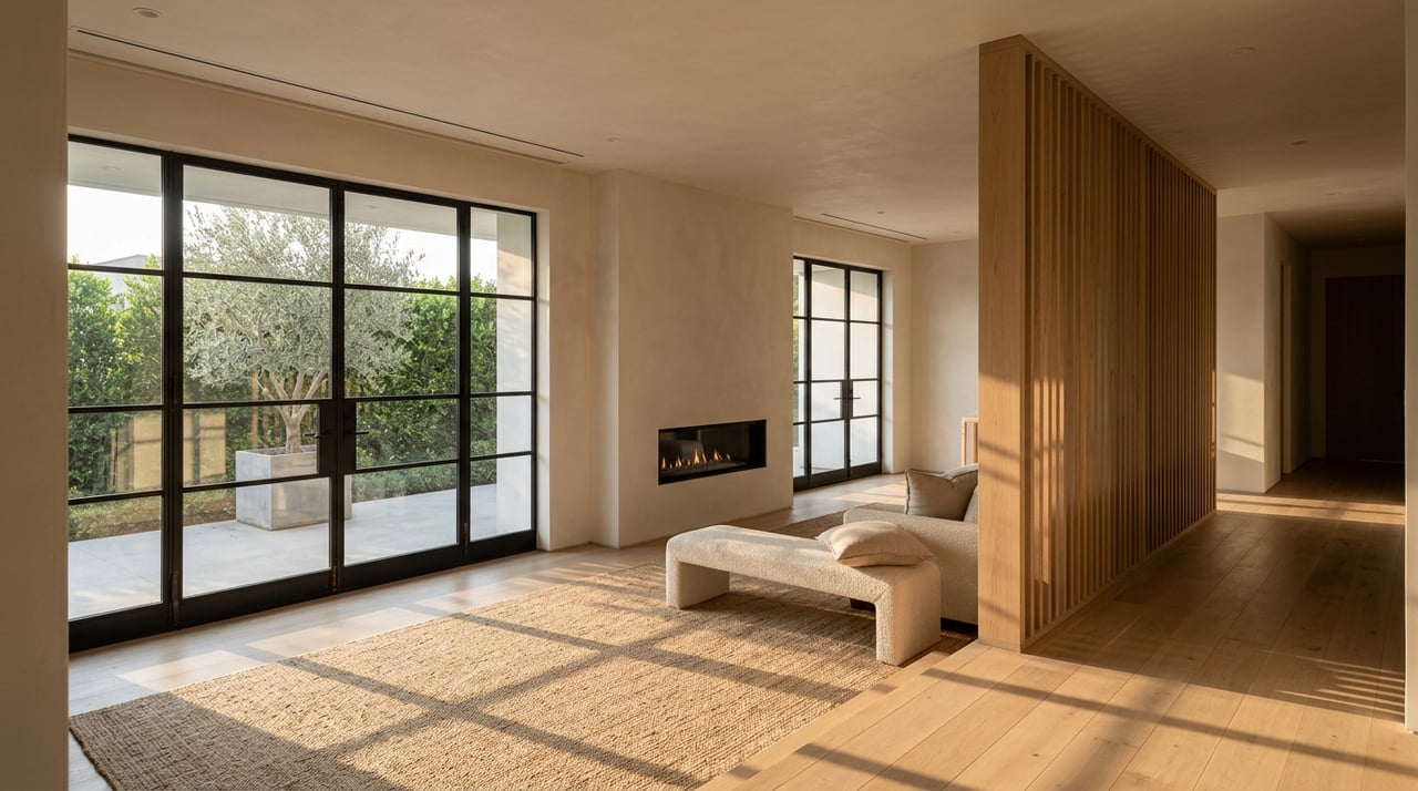 Open-plan great room with a plaster fireplace, slatted oak partition, and glass doors beside an olive tree.