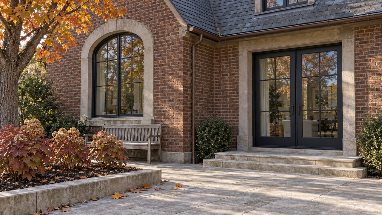Autumn sunlight crosses a brick home's arched window, paired glass terrace doors and limestone paving beside burgundy oakleaf hydrangeas.