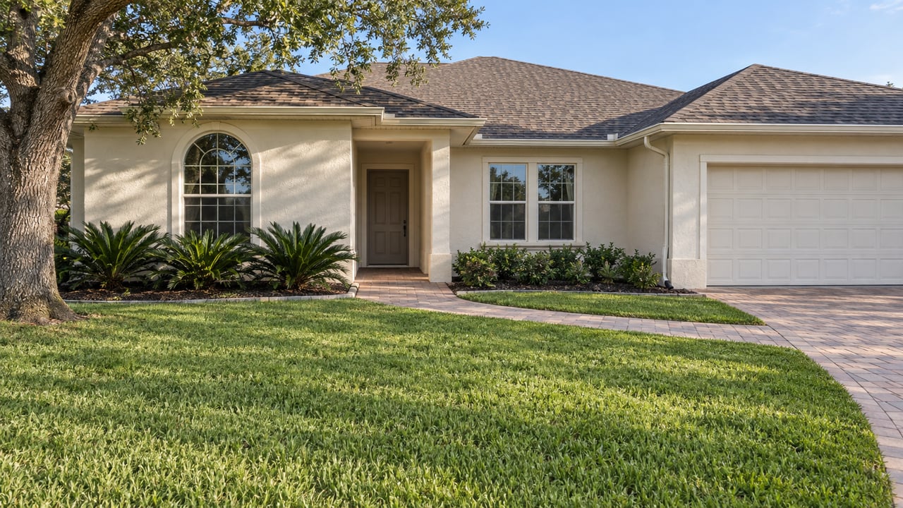 Ivory stucco single-story home with an arched window, brown-gray shingle roof, broad lawn and curved paver walk.