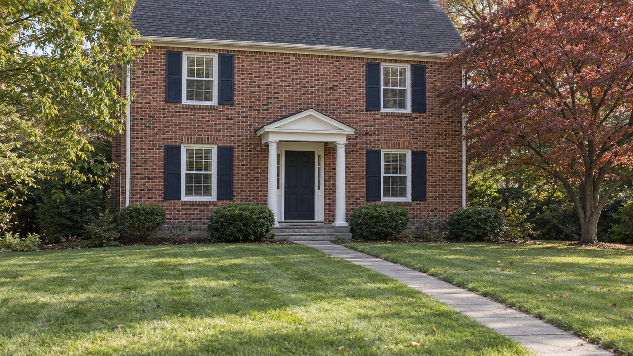 Two-story red-brown brick house with navy shutters, white portico, and a concrete walk across the lawn.