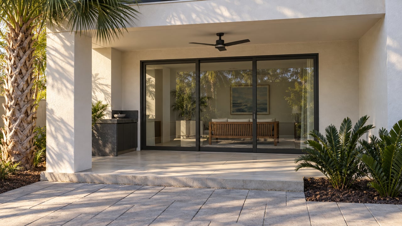 Cream stucco residence with a covered lanai, glass sliders, teak bench, and palms beside a paved forecourt.