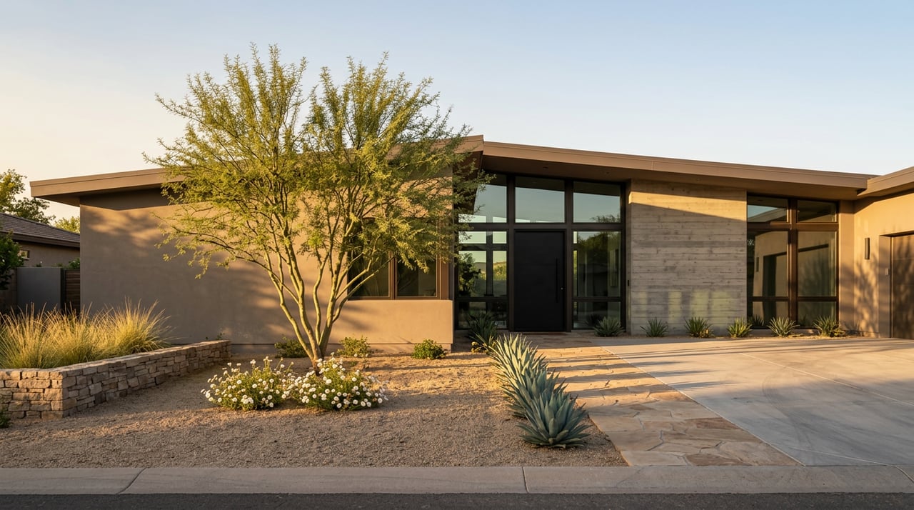 Single-story taupe stucco home with black-framed windows, a Palo Verde tree, agaves, and a flagstone walkway.