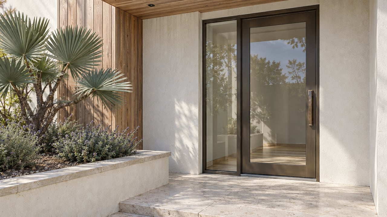 Sunlit modern home entry with weathered cedar, pale plaster, bronze-framed glass and a raised planter of sculptural fan aloe and sage.