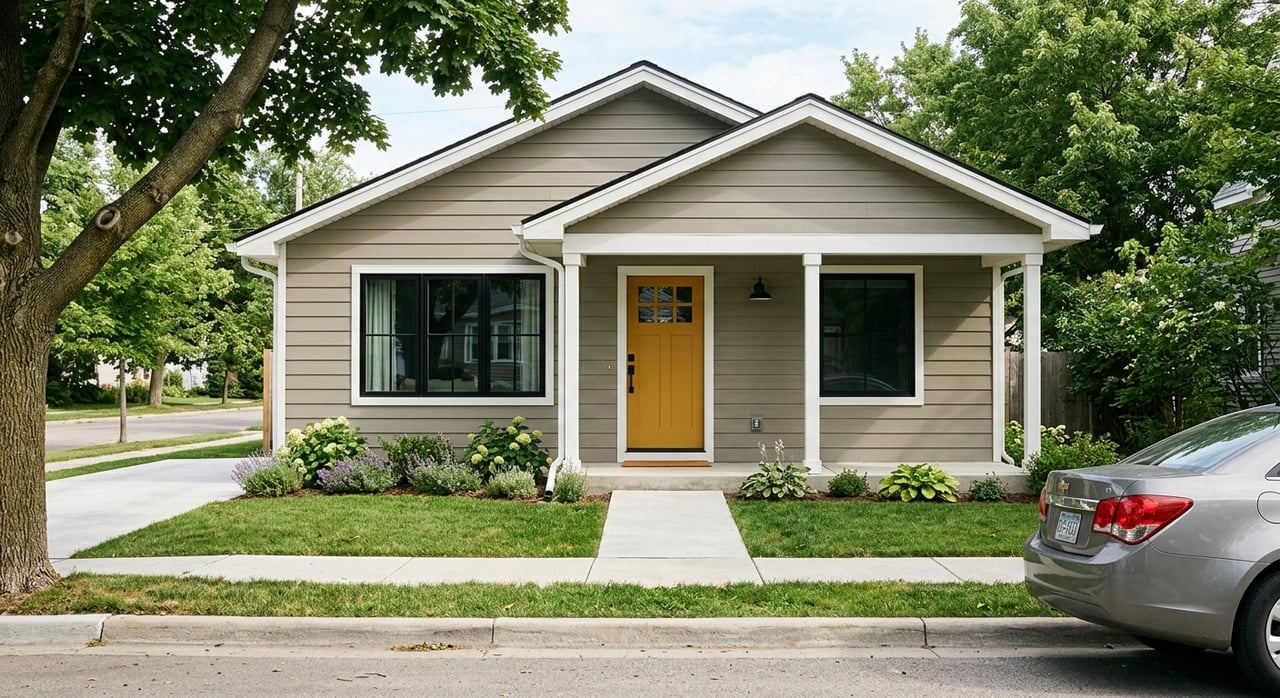Greige gable-front house with a mustard door, concrete steps, and an olive tree in the front yard.