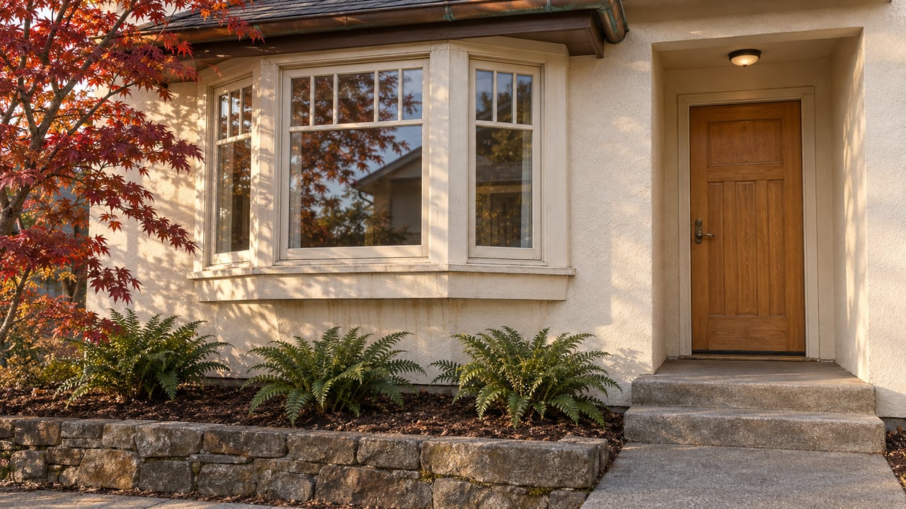 Ivory stucco home with a timber bay window, recessed oak entry, stone-edged planting bed and autumn maple.