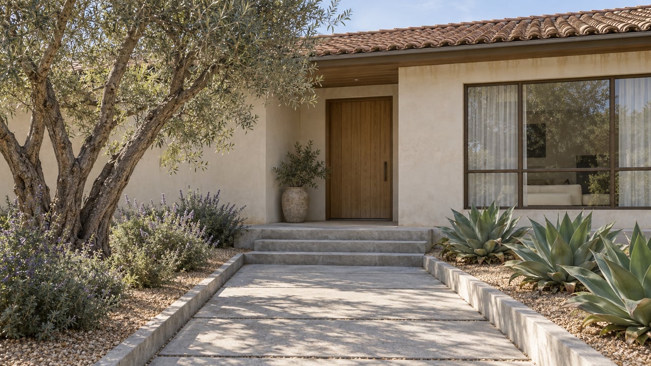Sunlit stucco home with a tiled roof, oak entry, broad concrete approach, and sculptural olive tree beside drought-adapted planting.