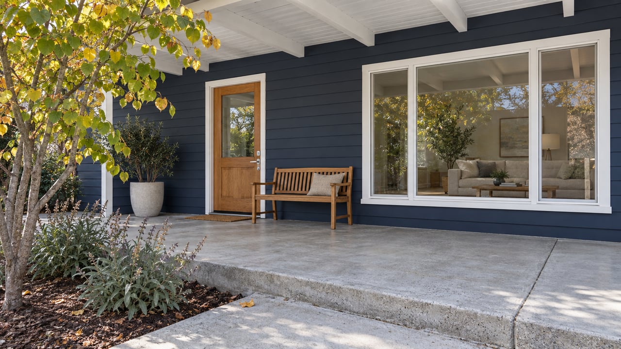 Covered terrace of a navy single-story home with white window trim, an oak entry door, a worn teak bench and autumn leaves beside a raised concrete step.