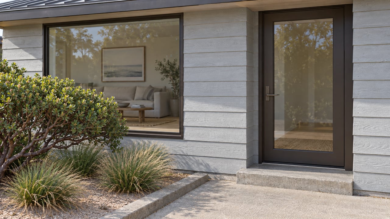 Modern home entrance with gray siding, dark-framed glass door, large window, and landscaped front garden.