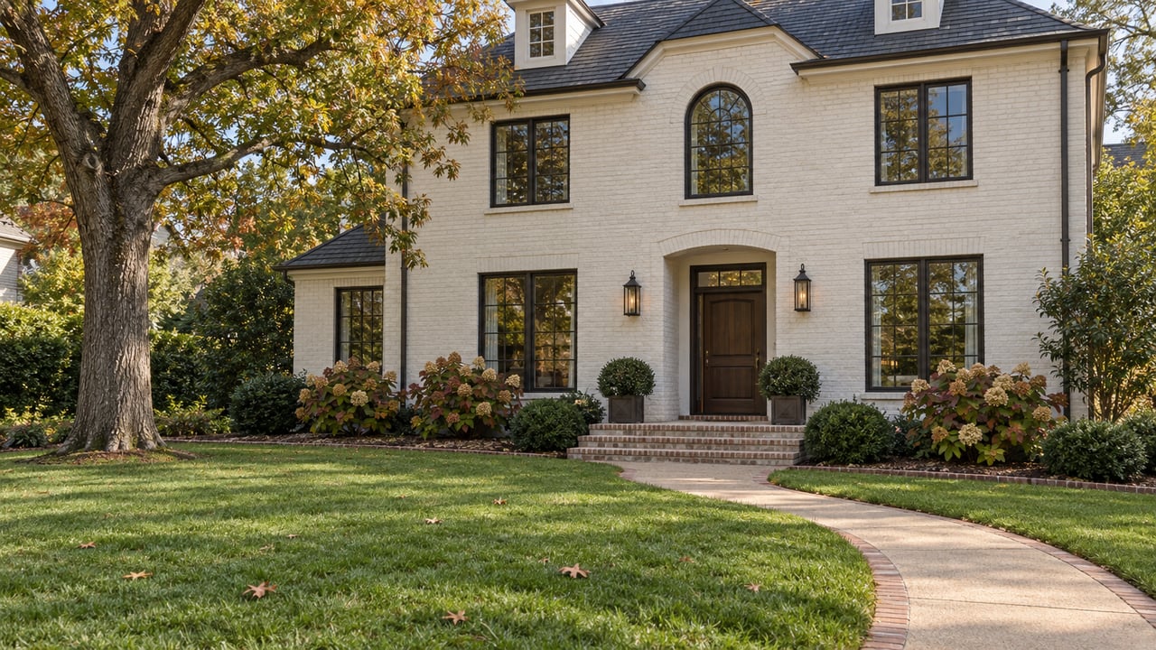 Light painted-brick home behind a deep autumn lawn, with a curving walk, broad entry steps and a mature oak.