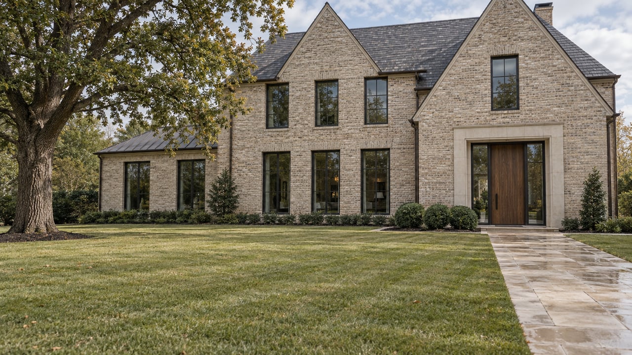 Buff-brick home with slate gables, bronze-framed windows and a limestone approach across a deep lawn beneath a mature oak.