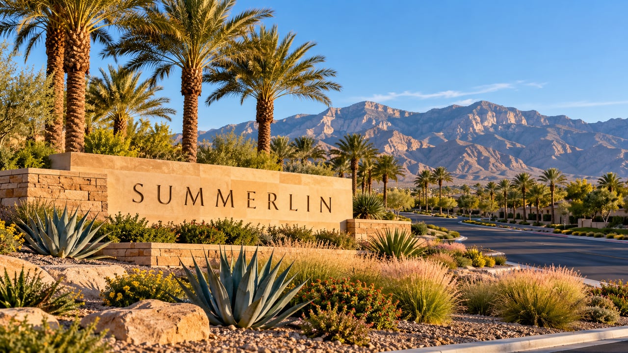 AI-generated illustration of a Summerlin entrance sign with palm trees, desert landscaping and mountains.