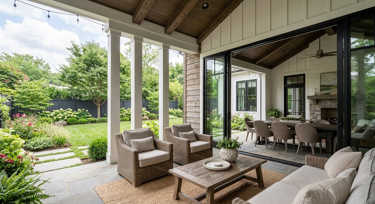 Covered patio with a stone outdoor fireplace, sliding glass doors, and conifers beyond.