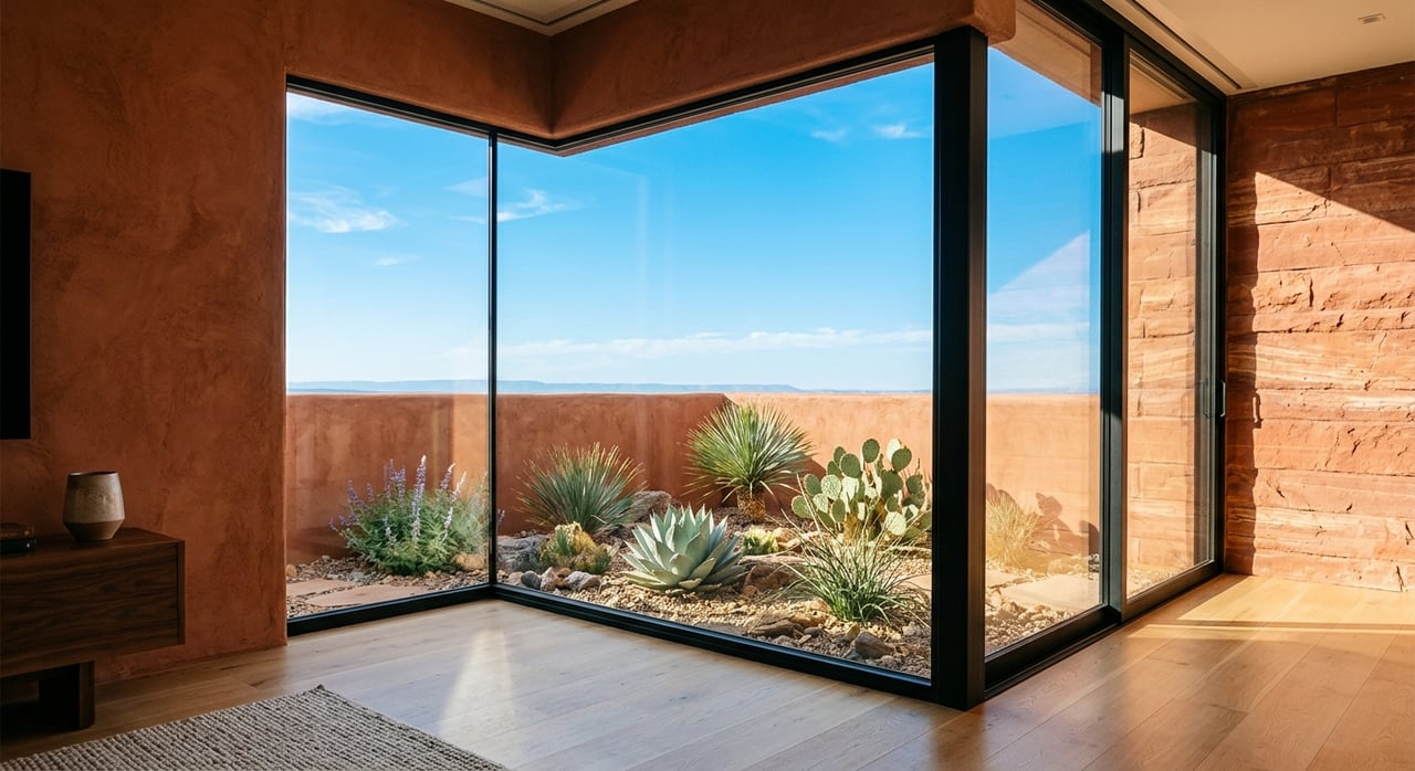 Black-framed corner windows open onto a limestone terrace with desert plants and a low sandstone-capped parapet.