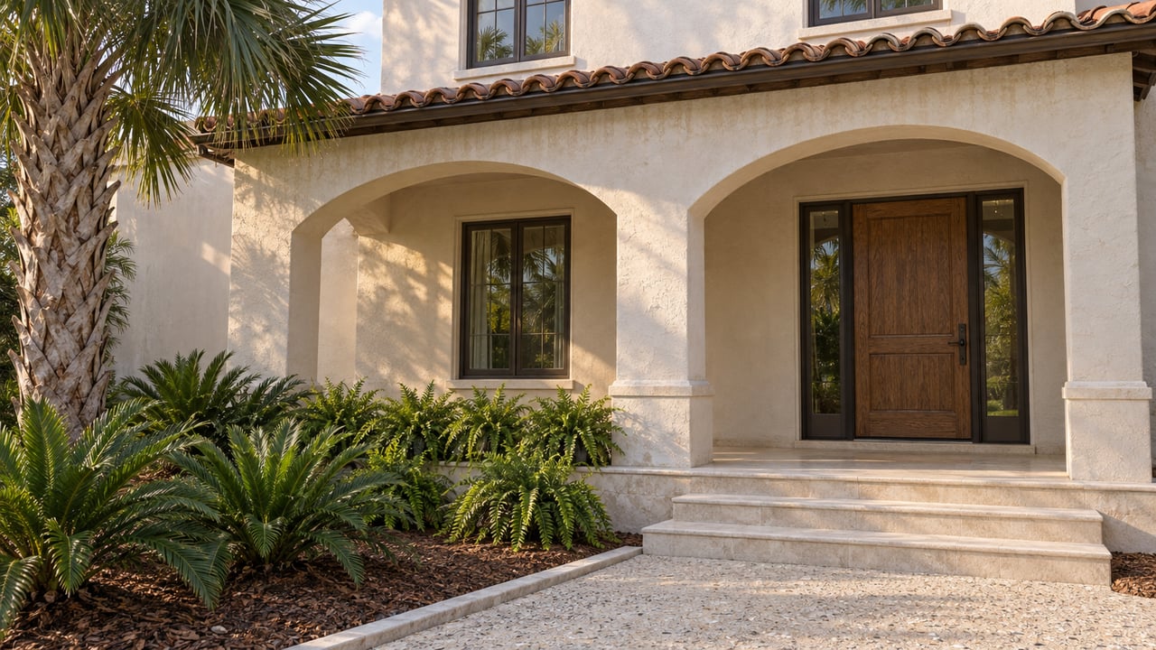 Ivory stucco residence with terracotta roof tiles, an arched limestone porch, oak entry door and a compact palm and fern garden.