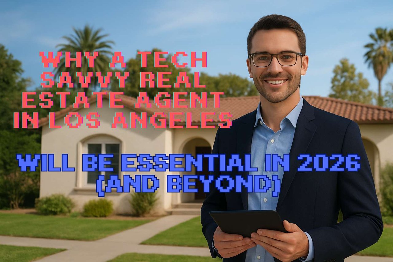 Male with Glasses holding a tablet in the foreground with a single story home in the background along with text - Why a Tech Savvy Real Estate Agent in Los Angeles Will be Essential in 2026 and Beyond in Pixel font