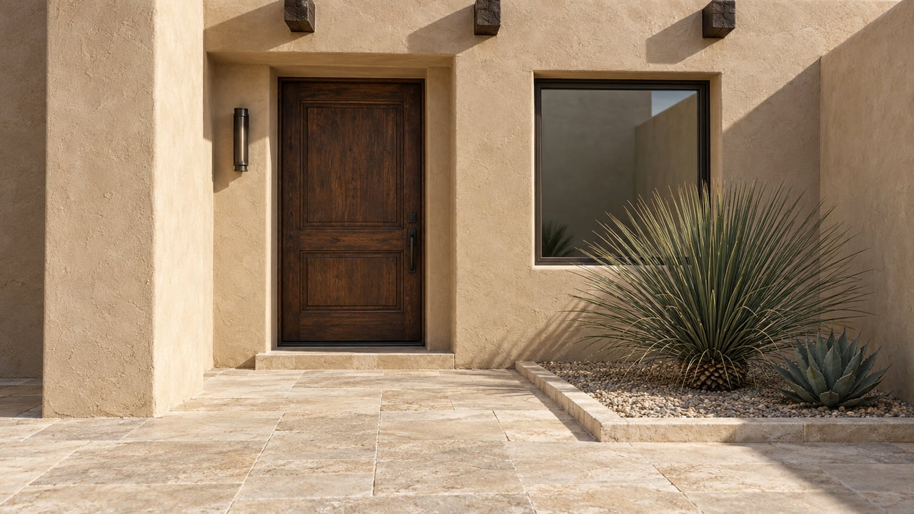 Sand-beige stucco home entrance with paneled timber door, limestone approach, and two desert plants.