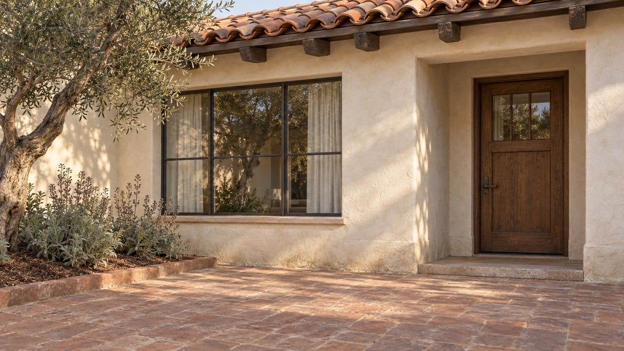 Sunlit ivory stucco residence with aged terracotta roofing, an oak entry door, bronze-framed window and olive tree beside a brick courtyard.