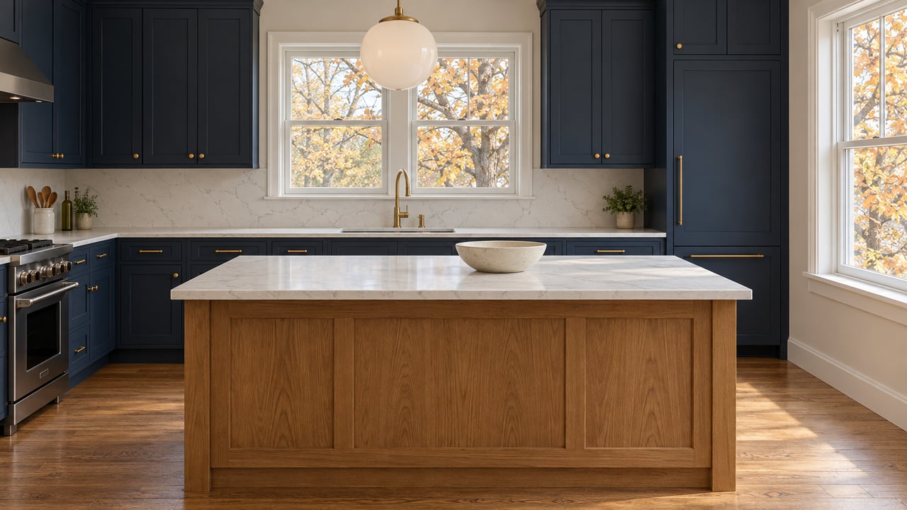 Navy shaker kitchen with a warm oak island, honed quartz counters and autumn maple foliage beyond closed windows.