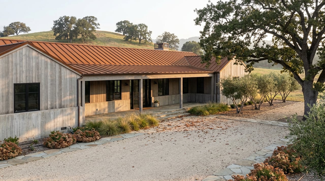Single-story modern home with concrete and silver cedar walls, a rust-colored metal roof, and an oak beside its gravel drive.