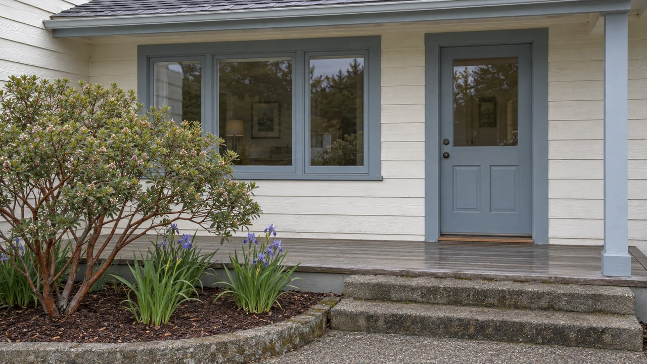 A wood-sided cottage entry with blue-gray window frames, a sheltered cedar landing, concrete steps, and a sculptural manzanita beside native irises.