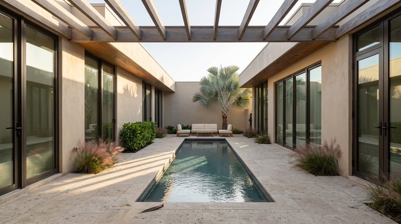 Shared residential courtyard with a central reflecting pool, slatted pergola, and silver-blue palm.