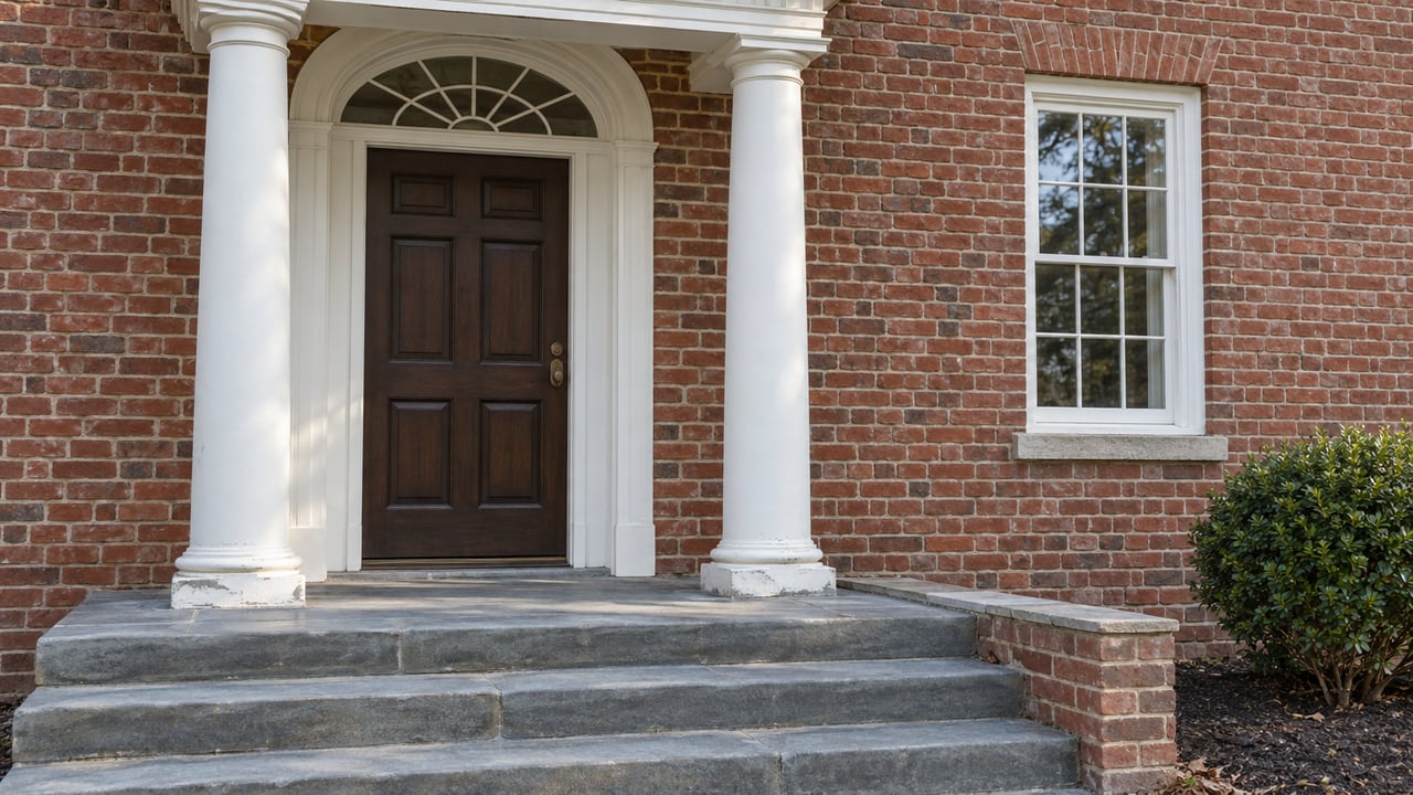 Brick house entrance with a dark oak door, arched fanlight, white columns, and broad bluestone steps.