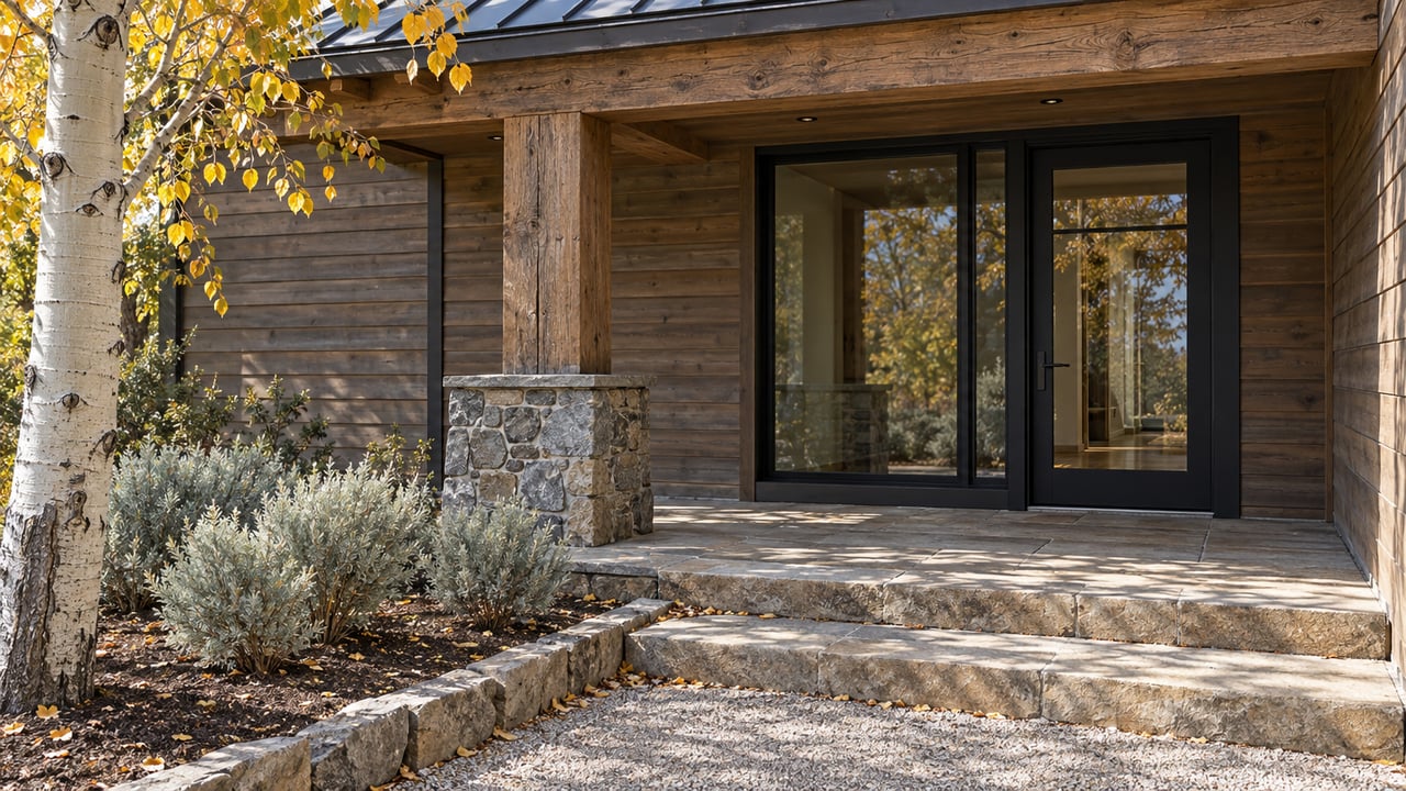 Weathered timber entry with closed black-framed glazing, stone steps and silver sagebrush beneath golden aspen leaves.
