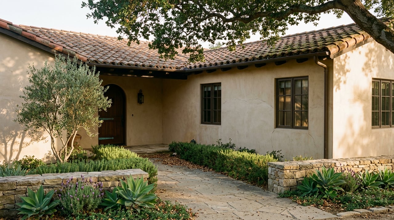 Low ranch-estate entry with an arched wood door, flagstone path, and mature oak casting long shadows.