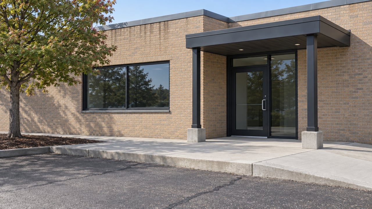 Brick commercial building with a dark entrance canopy beside a paved parking area.