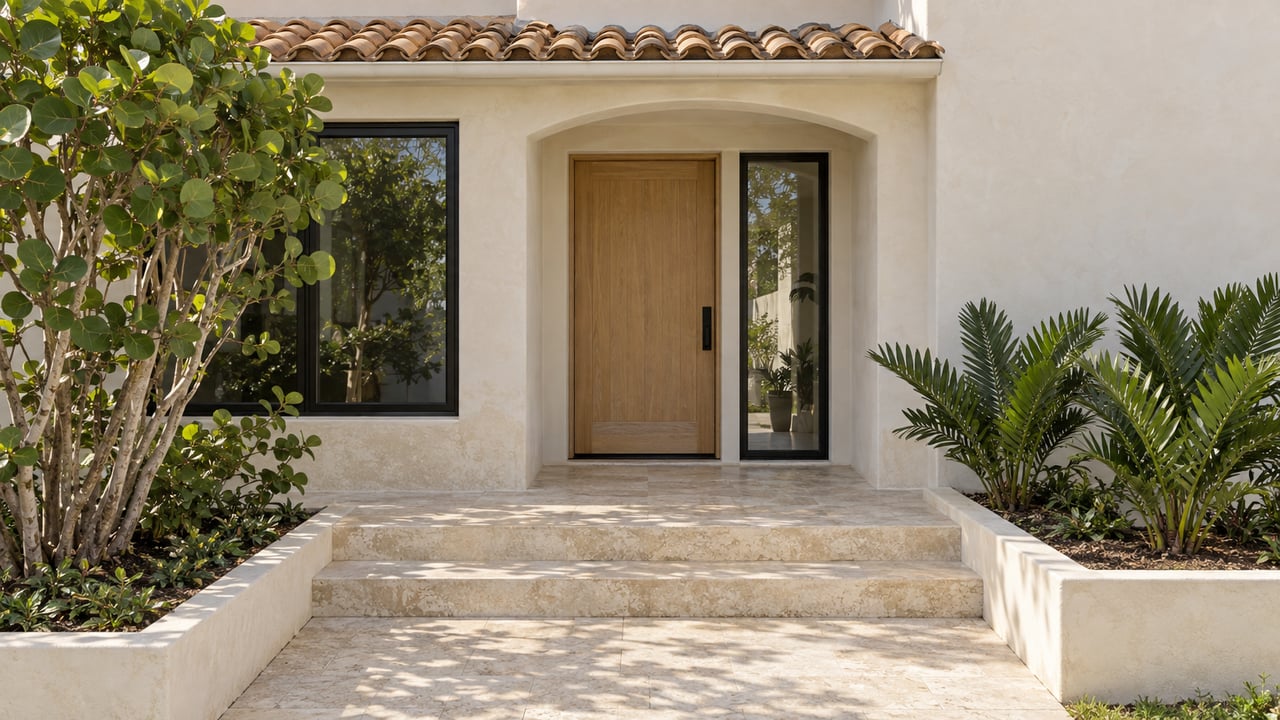 Coastal stucco house entrance with an oak door, limestone steps, and tropical plants.