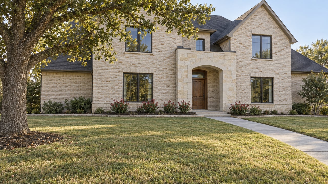 Brick-and-limestone home behind a broad, seasonally muted lawn with a mature oak and a stone-bordered planting bed.
