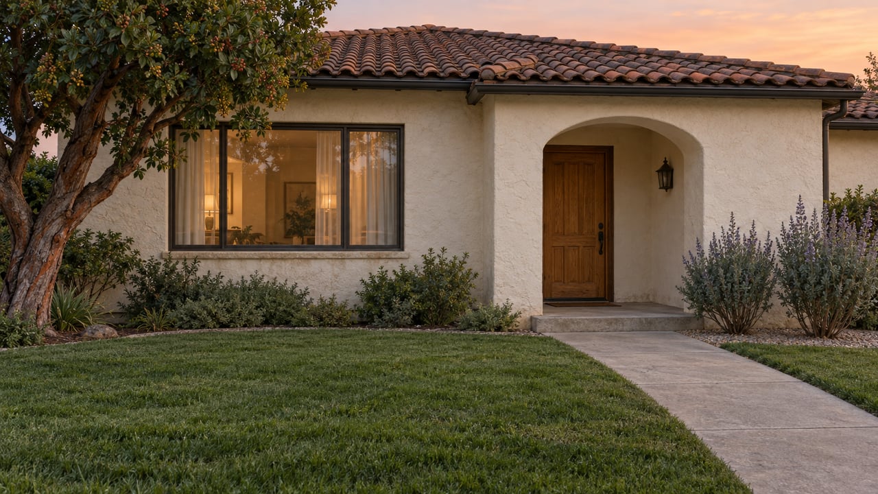 Established cream-stucco home with a clay-tile roof, recessed oak entry, front lawn and carefully spaced drought-tolerant planting at dusk.