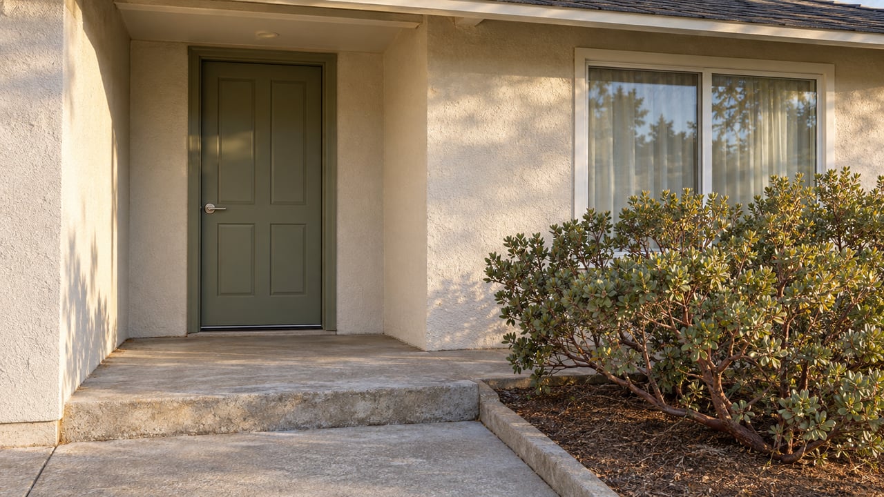 An olive front door and closed window beneath a shallow porch roof, with worn concrete steps and a single red-branched manzanita beside the approach.